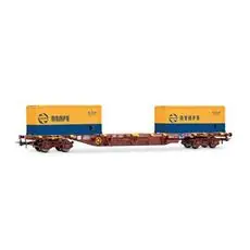 RENFE, MMC3-Containerwagen, beladen mit 2 20\' originalen RENFE-Containern, oxidrot, Ep. IV