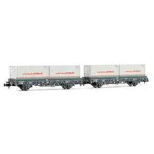 RENFE, 2-tlg. Set Flachwagen, Grau, mit 2 Containern Central Lechera Asturiana