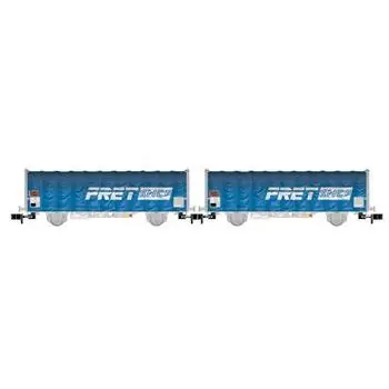 SNCF, 2-tlg. Set zweiachsiger Schiebeplanenwagen der Bauart K70 Kils, Blau, FRET
