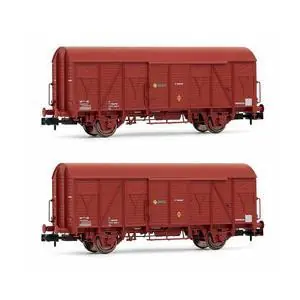 RENFE, 2-tlg. Set 2-achs. gedeckte Güterwagen mit Bretterwänden J2, Braun
