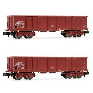 DR, 2-tlg. Set 4-achs. offene Güterwagen Eas, Braun, beladen mit Schrott