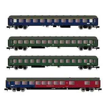 DB, 4-tlg. Set Reisezugwagen, Blau, Grün, Blau/Rot,