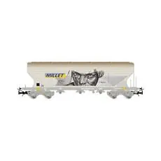 SNCF, vierachsiger flacher Cereal-Hopper-Wagen, MILLET, grau mit Graffiti, Ep. V SNCF, vierachsiger flacher Cereal-Hopper-Wagen, MILLET, grau mit Graffiti, Ep. V