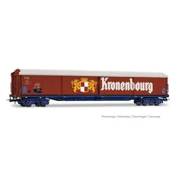 SNCF, 4-achsiger Schiebewandwagen Typ Habis Kronenbourg, blaues Fahrgestell, Ep. IV