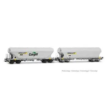 SNCF, zweiteilige Getreide-Hopper-Wagen MILLET, flache und abgerundete Wände, grau, Ep. VI