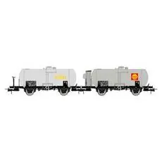 FS, 2-tlg. Set 2-achs. Kesselwagen Mop, 27 m3 Kessel, silberer, SHELL *