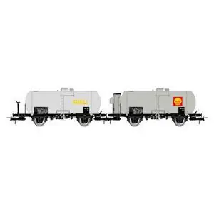FS, 2-tlg. Set 2-achs. Kesselwagen Mop, 27 m3 Kessel, silberer, SHELL *