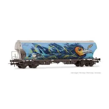 F-ERSA, vierachsiger rundseitiger Getreidehopper-Wagen, Interfracht, mit Vogel-Graffity, Ep. VI