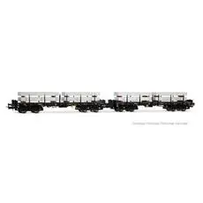 DB, zweiteilige vierachsige Flachwagen Rmms, schwarz, beladen mit Aluminiumblöcken, Ep. IV